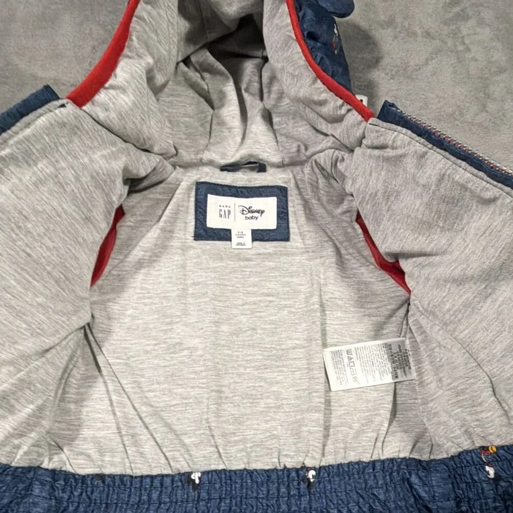 Baby Gap Disney baby Mickey Mouse Hooded Full Zip Puffer Jacket Blue/Red 0-3M.